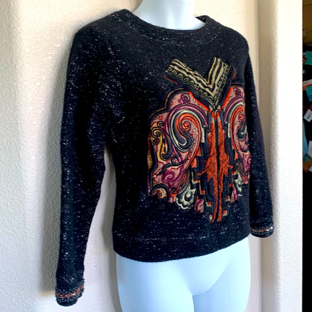 ETRO wool black tweed sweater, red/grey/cream, Appliqué & beaded cuffs M EUC